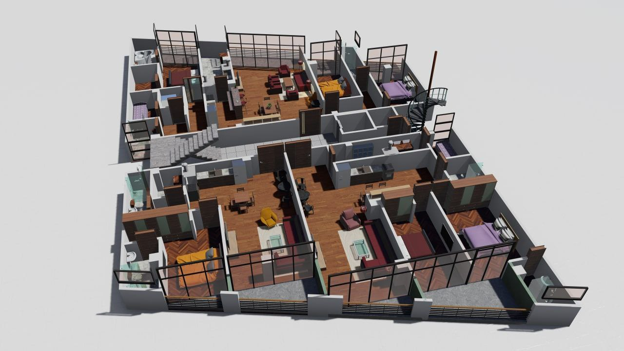 Furnished three-dimensional apartment layout study A