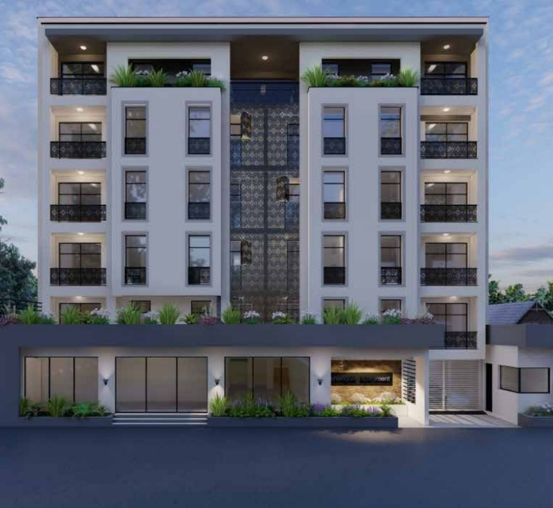 Symmetrical mid-rise apartment exterior visualization