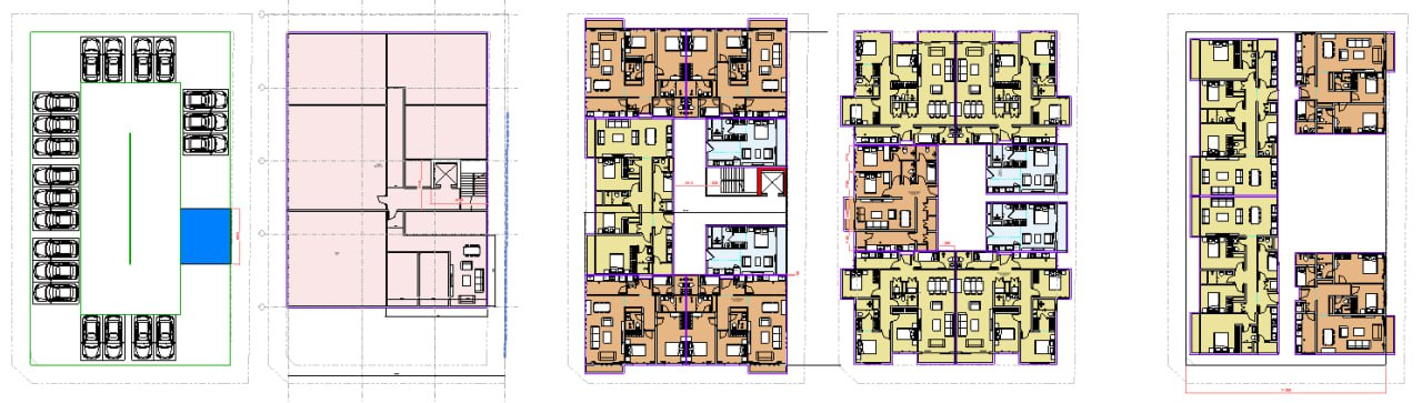 Residential development parking and apartment floor plan studies