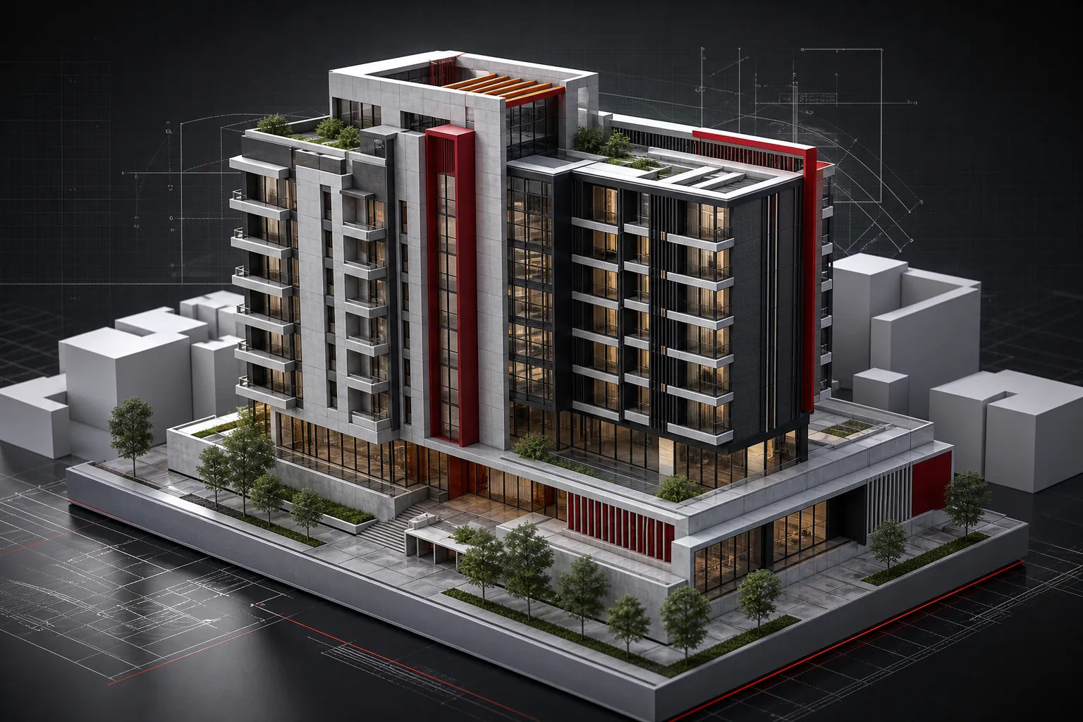 3D architectural design model with modern building massing