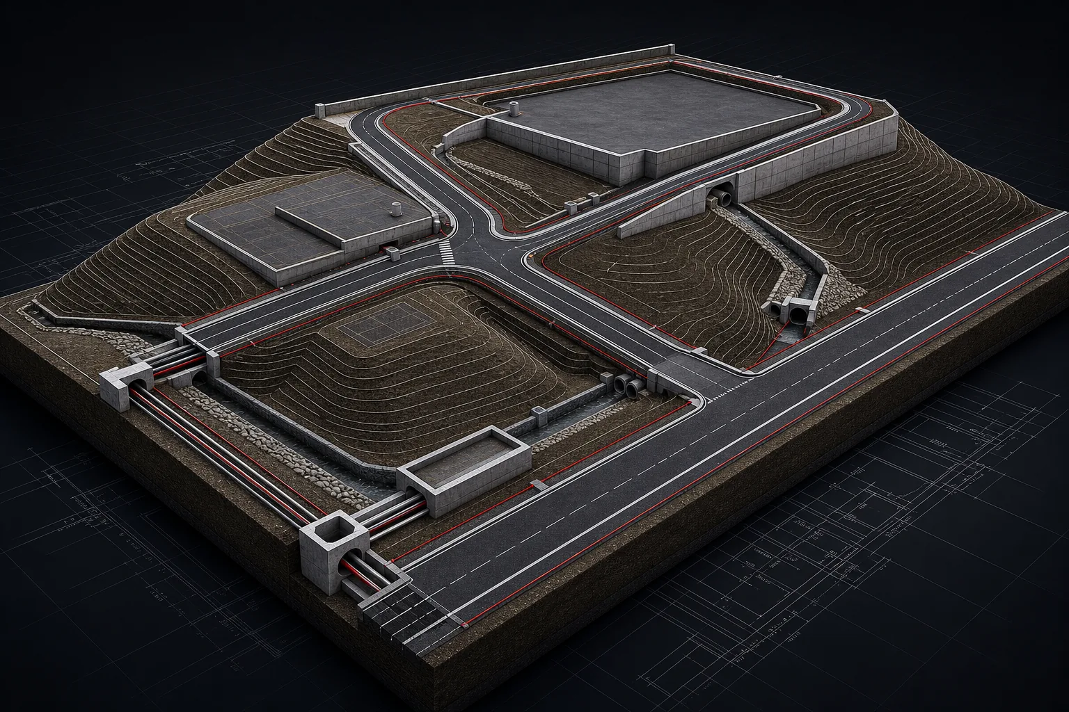3D civil engineering model with roads, drainage, utilities, and site grading
