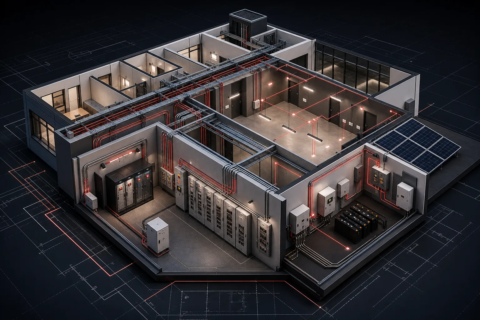 3D electrical engineering model with panels, cable trays, and circuits