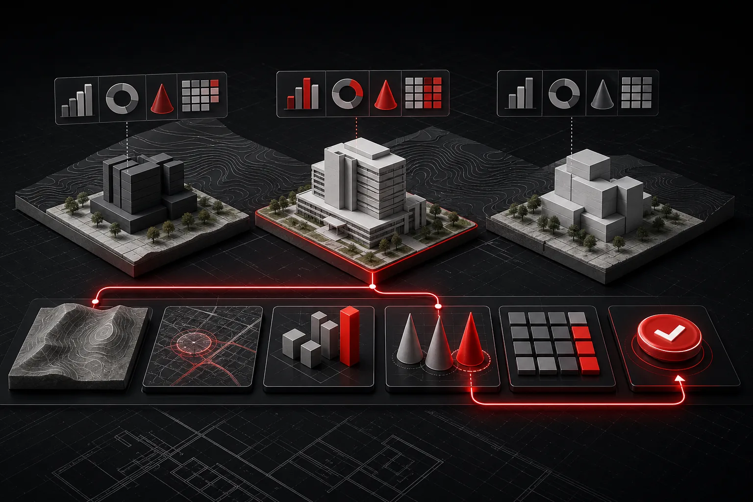 3D feasibility studies model with site options, analysis blocks, and preferred route